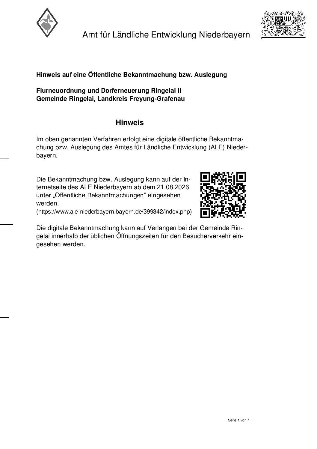 Hinweis auf öffentliche Bekanntmachung (ALE)